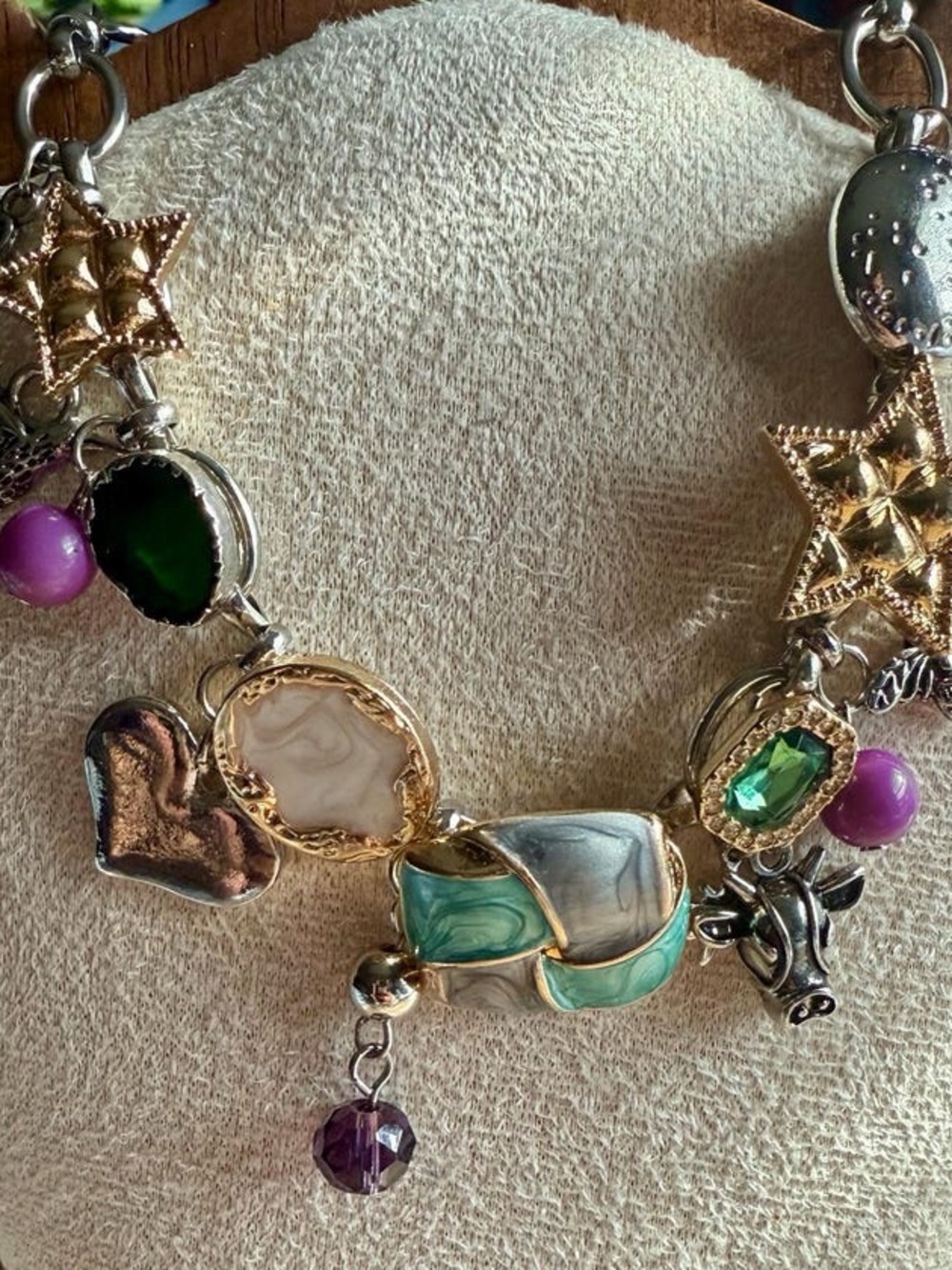 Hand Crafted Multicolor Charm Necklace with Green, Purple, Gold & Silver Accents